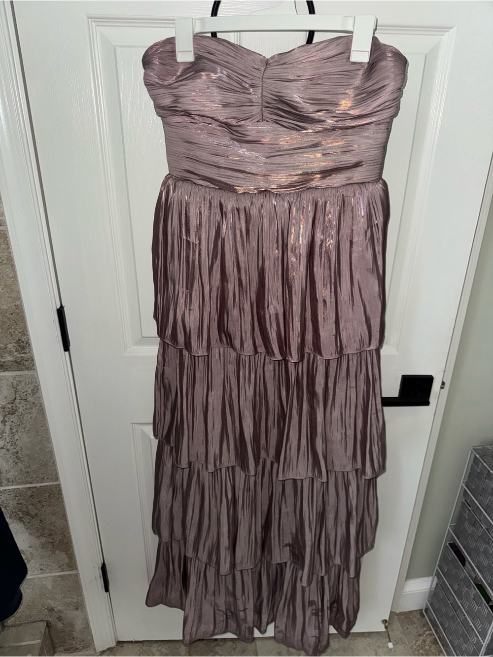 Lulu's Strapless Shimmer Tiered Maxi Dress in Mauve Taupe